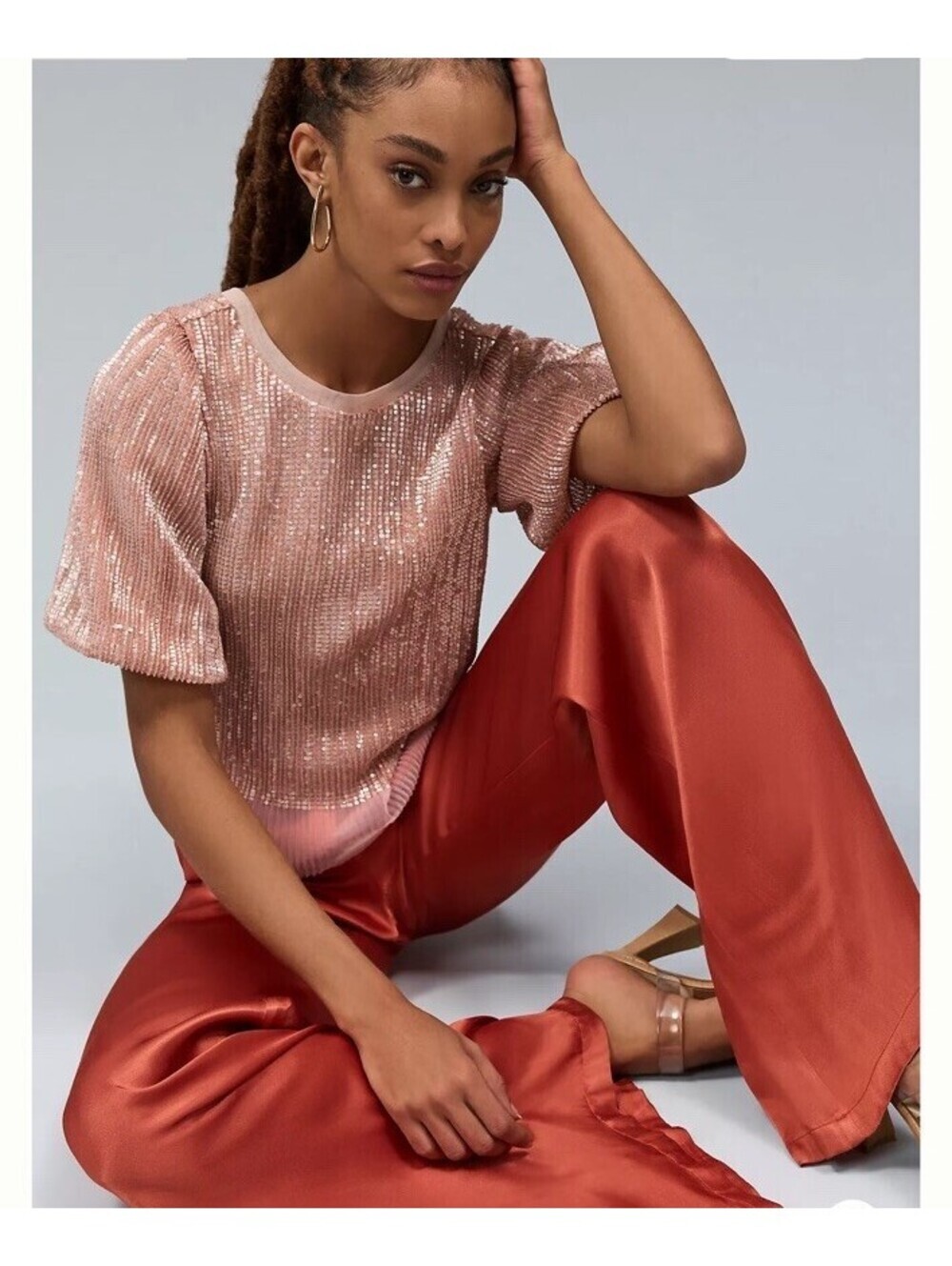 Sarah Hann Anthropologie Baby Pink Sequined Puff-Sleeve Blouse Small $118